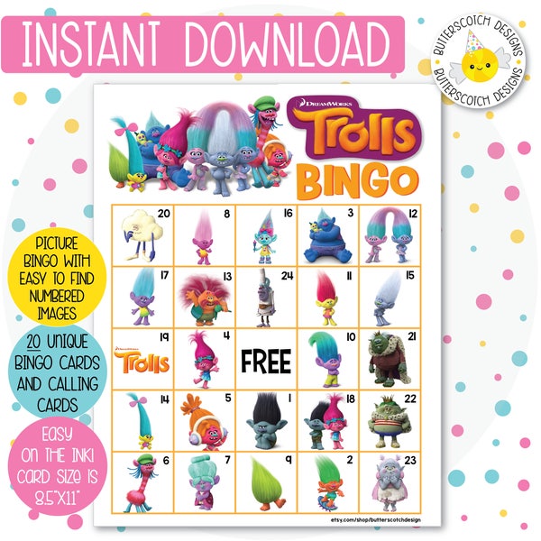 Trolls Printable Bingo Cards (20 Different Cards) - Instant Download