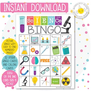 30 Cartões de Bingo para Imprimir de Ciência/Química (30 Cartões Diferentes) - Download Instantâneo