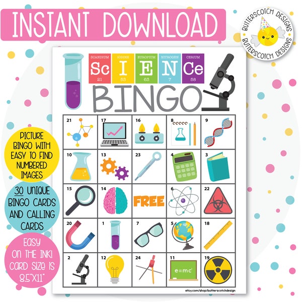 Science / Chemistry Printable Bingo Cards (30 Different Cards) - Instant Download