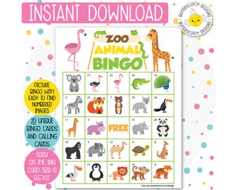 Zoo Safari Animal Bingo Cards (20 Different Cards) - Instant Download