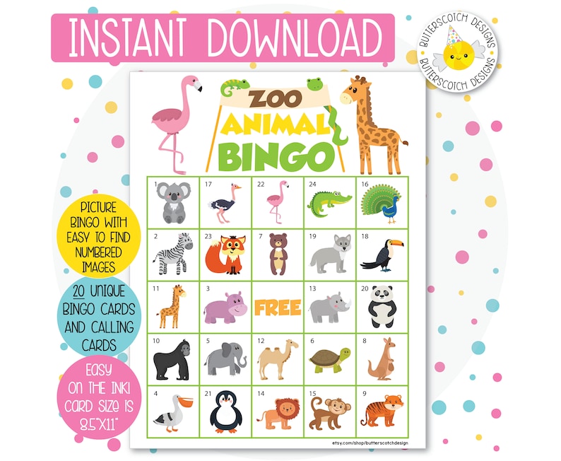 Instant Download 20 Different Cards Zoo Safari Animal Bingo Cards
