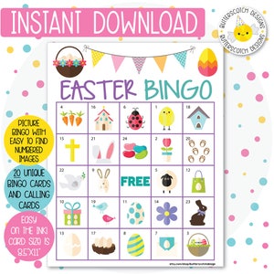 Puede incluir: Una tarjeta de bingo de Pascua imprimible con 25 casillas que muestran imágenes de artículos con temática de Pascua como un conejito, un pollito, una cesta de huevos y una iglesia. La tarjeta es morada con números e imágenes blancas. El texto "Easter Bingo" está en la parte superior de la tarjeta.