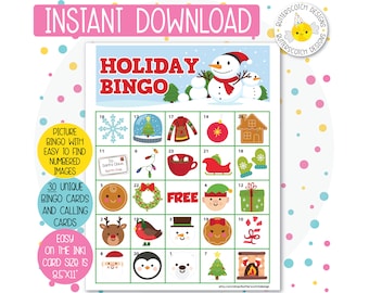 30 Holiday / Christmas Printable Bingo Cards (30 Different Cards) - Instant Download