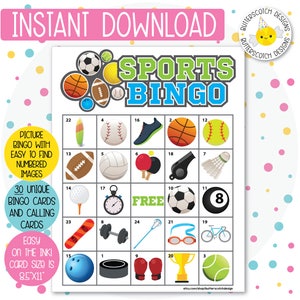 30 Sports Printable Bingo Cards (30 Different Cards) - Instant Download