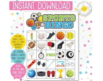 30 Cartões de Bingo para Imprimir em Esportes (30 Cartões Diferentes) - Download Instantâneo