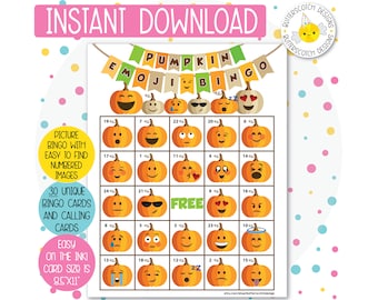30 Pumpkin Emoji Printable Bingo Cards (30 Different Cards) - Instant Download