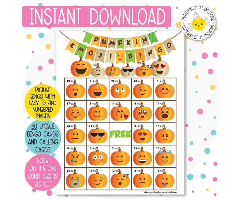 Pumpkin Emoji Printable Bingo Cards 30 Different Cards Etsy