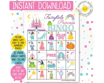 30 Fairytale Princess Storybook Printable Bingo Cards (30 Different Cards) - Instant Download