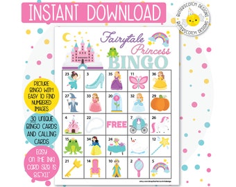 Fairytale Princess Printable Bingo Cards (30 Different Cards) - Instant Download