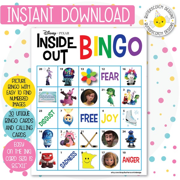 Inside Out Printable Bingo Cards (30 Different Cards) - Instant Download