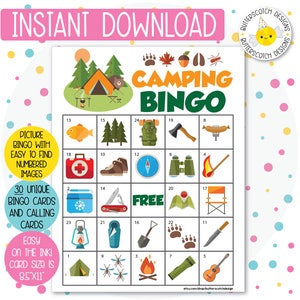 30 Camping Printable Bingo Cards (30 Different Cards) - Instant Download