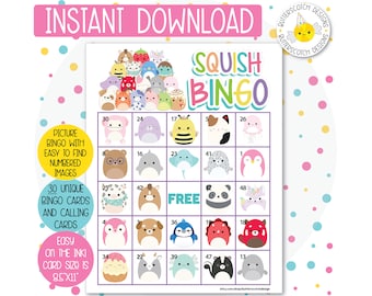 30 Squish Printable Bingo Cards (30 Different Cards) - Instant Download