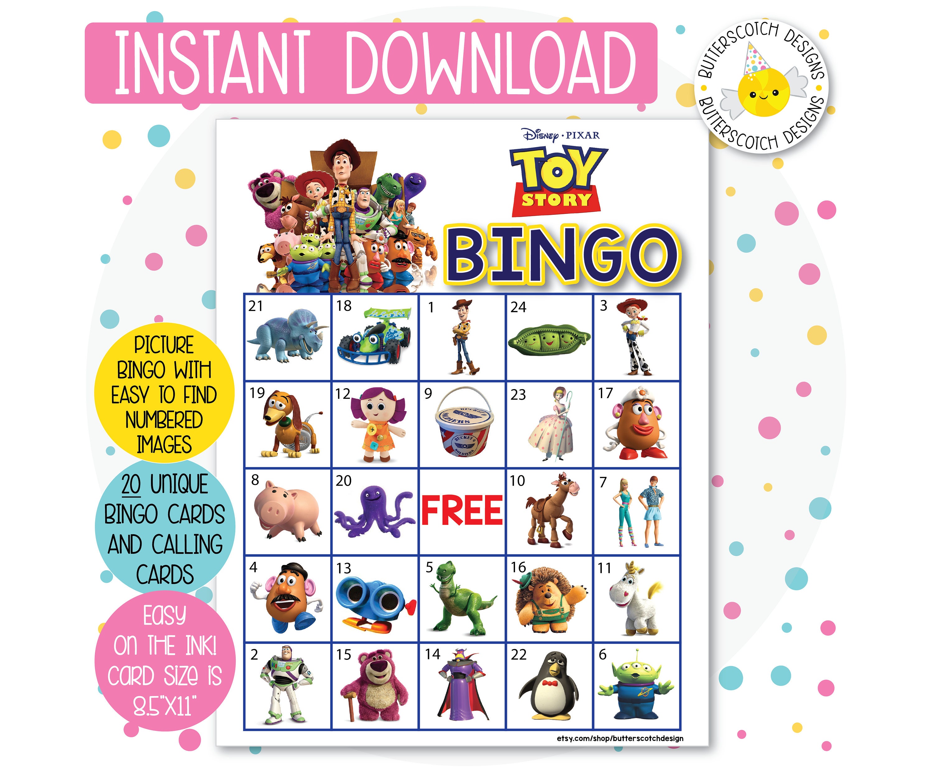 Toy Story Printable Bingo Cards 20 Different Cards Instant Etsy