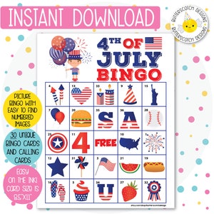 30 4 luglio / Giorno dell'Indipendenza Schede Bingo Stampabili (30 Schede Diverse) - Download Immediato