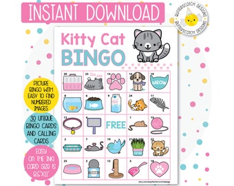 30 Kitty Cat Printable Bingo Cards (30 Different Cards) - Instant Download