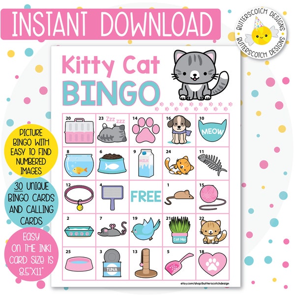 Kitty Cat Printable Bingo Cards (30 Different Cards) - Instant Download