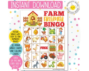 30 Farm Animal Bingo Cards (30 Different Cards) - Instant Download