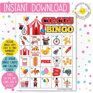 30 cartes de bingo imprimables cirque/carnaval (30 cartes différentes) - téléchargement immédiat