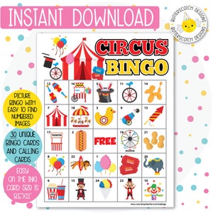 Circus / Carnival Printable Bingo Cards 30 Different Cards Instant Download image 1