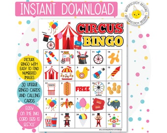 Circus / Carnival Printable Bingo Cards (30 Different Cards) - Instant Download