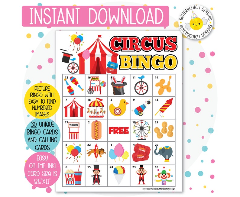 Circus / Carnival Printable Bingo Cards 30 Different Cards Instant Download image 1