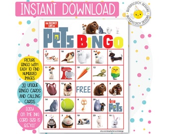 30 Pets Printable Bingo Cards (30 Different Cards) - Instant Download