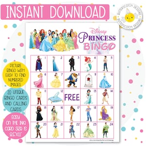 20 cartes de bingo imprimables princesse (20 cartes différentes) - téléchargement immédiat