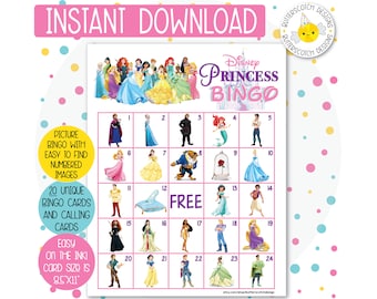 20 Princess Printable Bingo Cards (20 Different Cards) - Instant Download