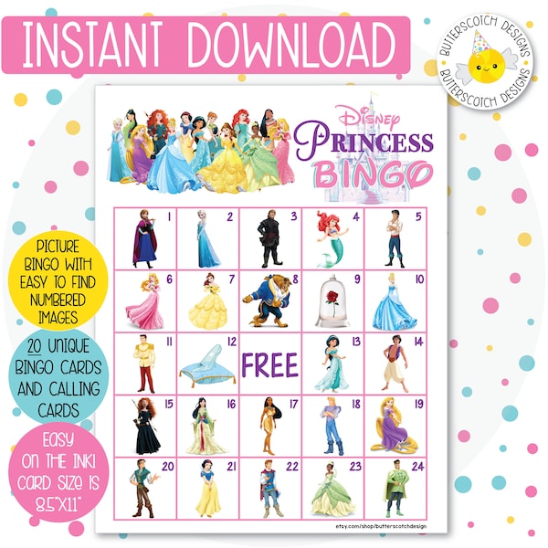 Princess Printable Bingo Cards (20 Different Cards) - Instant Download