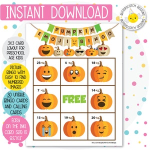 30 Pumpkin Emoji Printable 3x3 Bingo Cards (30 Different Cards) - Instant Download