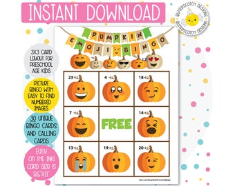 Pumpkin Emoji Printable 3x3 Bingo Cards (30 Different Cards) - Instant Download