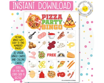 30 Pizzeria Pizza Party Printable Bingo Cards (30 Different Cards) - Instant Download