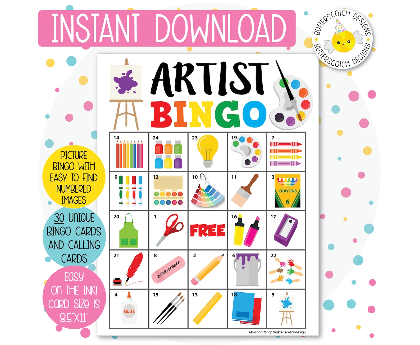 Artist / Art Party Printable Bingo Cards 30 Different Cards Etsy