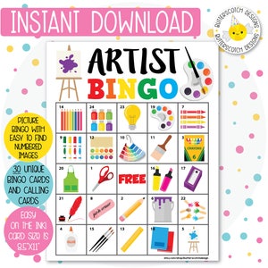 30 tarjetas de bingo imprimibles para artistas/fiestas artísticas (30 tarjetas diferentes) - Descarga instantánea