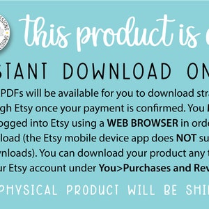 Pode incluir: Um gr&aacute;fico azul e branco com o texto "this product is an INSTANT DOWNLOAD ONLY!" Seus PDFs estar&atilde;o dispon&iacute;veis para download direto atrav&eacute;s do Etsy assim que seu pagamento for confirmado. Voc&ecirc; DEVE estar conectado ao Etsy usando um NAVEGADOR WEB para poder baixar (o aplicativo m&oacute;vel do Etsy N&Atilde;O suporta downloads). Voc&ecirc; pode baixar seu produto a qualquer momento em sua conta do Etsy na se&ccedil;&atilde;o Voc&ecirc;>Compras e avalia&ccedil;&otilde;es. NENHUM PRODUTO F&Iacute;SICO SER&Aacute; ENVIADO"