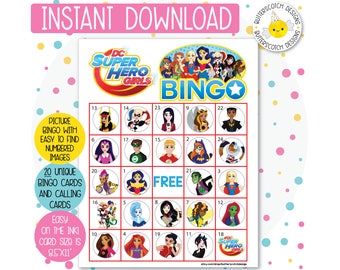 20 Super Hero Girls Printable Bingo Cards (20 Different Cards) - Instant Download