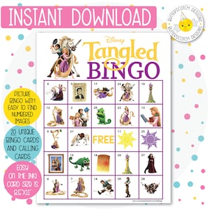 20 Rapunzel Tangled Bingo Cards (20 Different Cards) - Instant Download