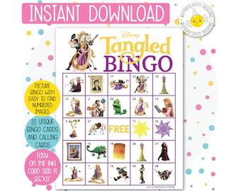 20 Rapunzel Tangled Bingo Cards (20 Different Cards) - Instant Download