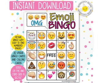 30 Cartões de Bingo Emoji para Imprimir (30 Cartões Diferentes) - Download Instantâneo