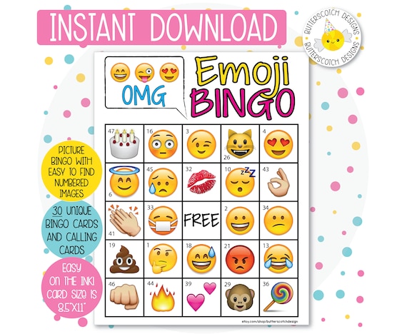 Emoji Printable Bingo Cards 30 Different Cards Instant | Etsy