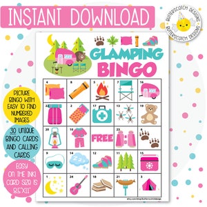Glamping / Camping Printable Bingo Cards 30 Different Cards Instant Download image 1