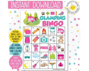 30 Glamping / Camping Printable Bingo Cards (30 Different Cards) - Instant Download