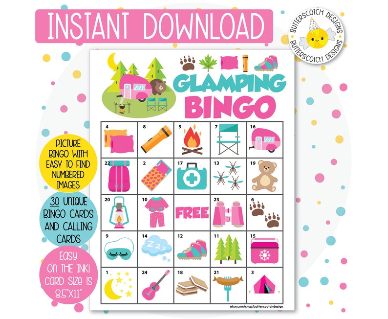 Glamping / Camping Printable Bingo Cards 30 Different Cards Instant Download image 1