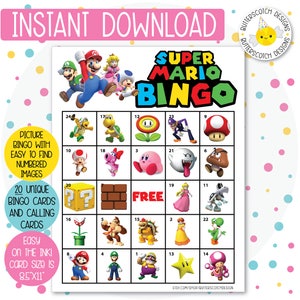 Super Mario Printable Bingo Cards 20 Different Cards | Etsy