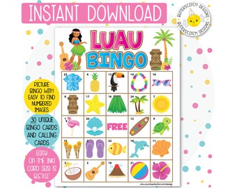 30 Luau Tiki Aloha Printable Bingo Cards (30 Different Cards) - Instant Download