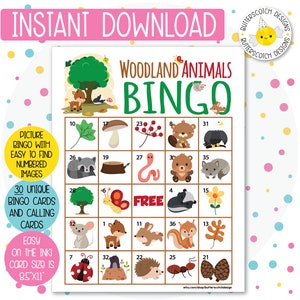 30 Woodland Animals Forest Creatures Printable Bingo Cards (30 Different Cards) - Instant Download