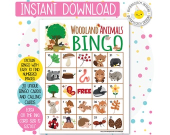 Woodland Animals Forest Creatures Printable Bingo Cards (30 Different Cards) - Instant Download