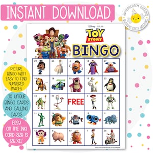 30 Cartões de Bingo para Imprimir Toy Story (30 Cartões Diferentes) - Download Instantâneo