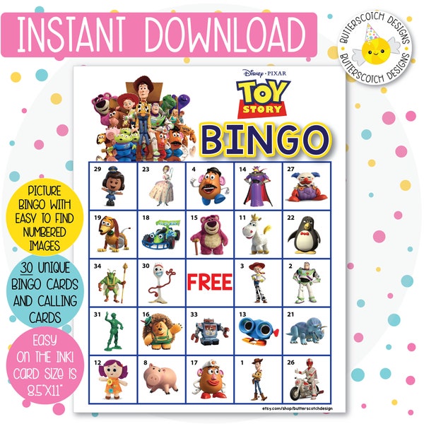 Toy Story Printable Bingo Cards (30 Different Cards) - Instant Download