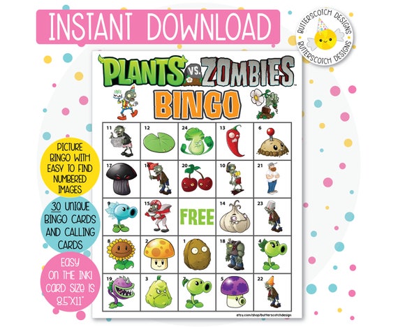 Plants Vs Zombies Printable Bingo Cards 30 Different Cards Instant Download